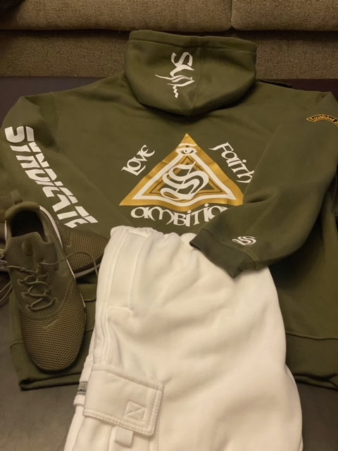 Olive Green and Gold LFA Hoodie, with White Cargo Sweats